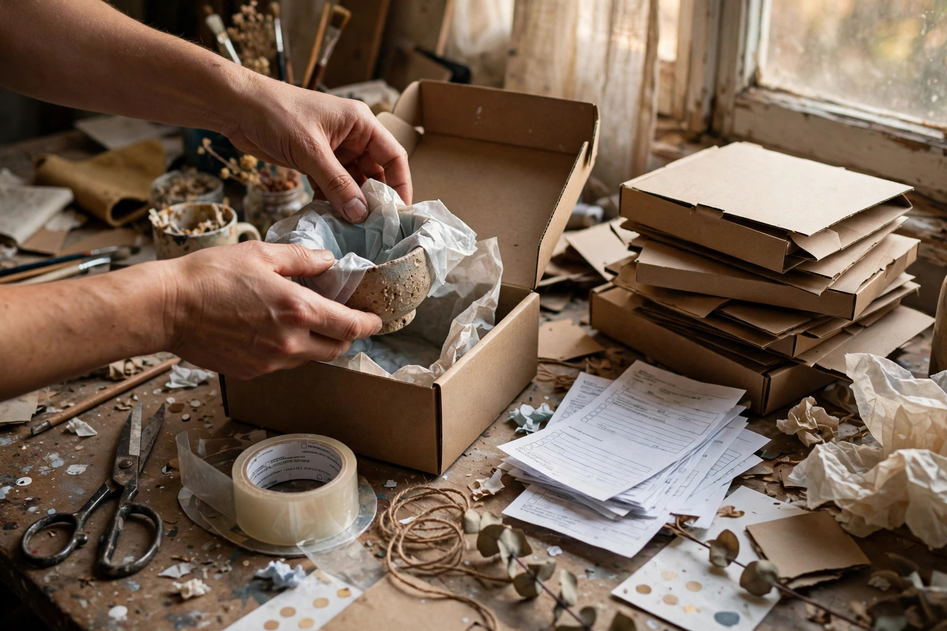 Hands packing a small handmade product into a kraft box with tissue paper on a cluttered work table